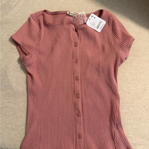 Free People Ribbed Button Front Short Sleeve Top - Dusty Rose
